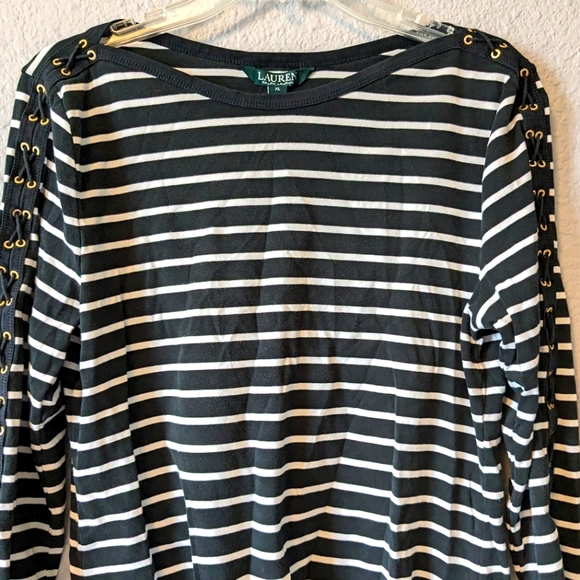 Lauren Ralph Lauren Nautical Top Black White Stripe Boat Neck 3/4 Sleeves Sz.XL - Picture 2 of 5